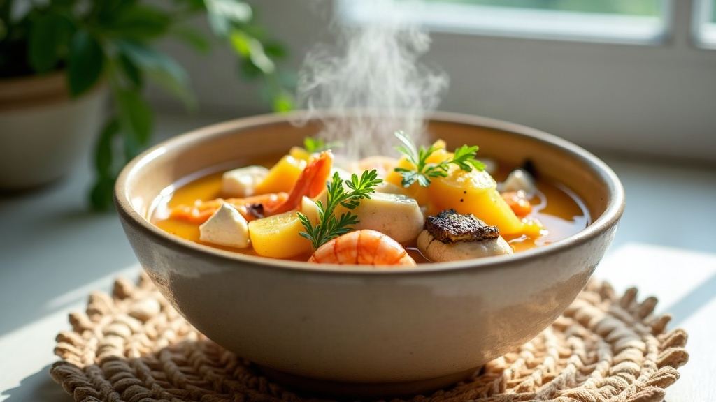 Sopa de pescado y camarón con leche de coco