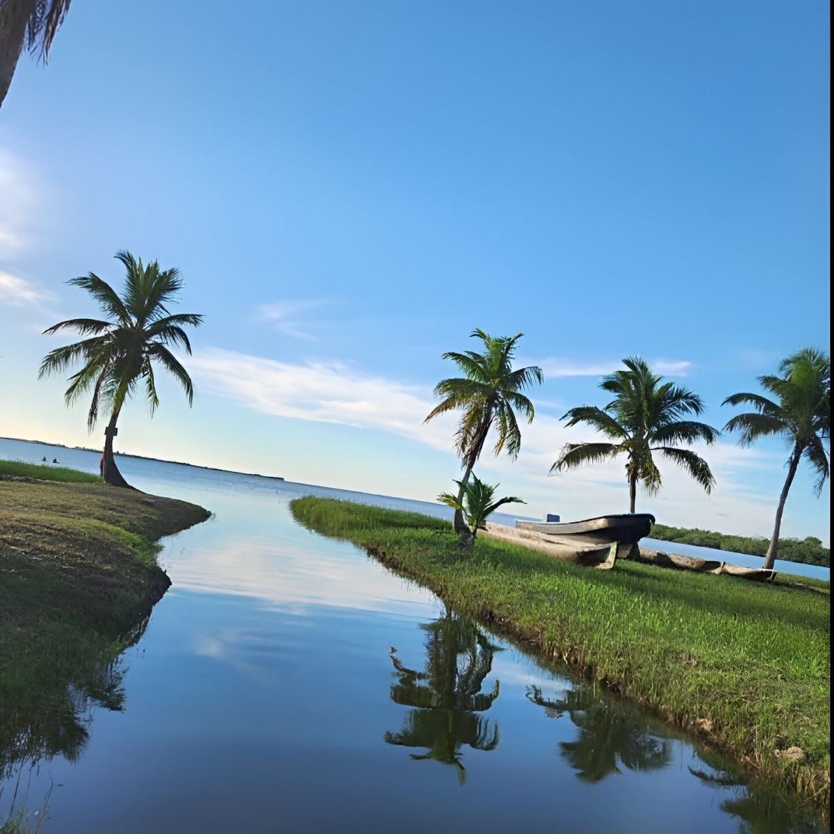 Laguna de Puerto Lempira con palmeras y lanchas de pescadores